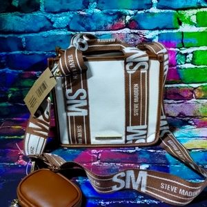 🔥🔥STEVE MADDEN Cream Brown BWEBBER Canvas LOGO Tik Tok CROSSBODY Tote BAG NWT